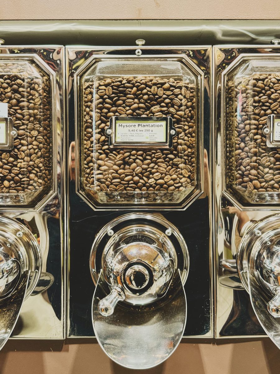A coffee bean dispenser at a small-scale roaster. Image Anthony Nelzin-Santos