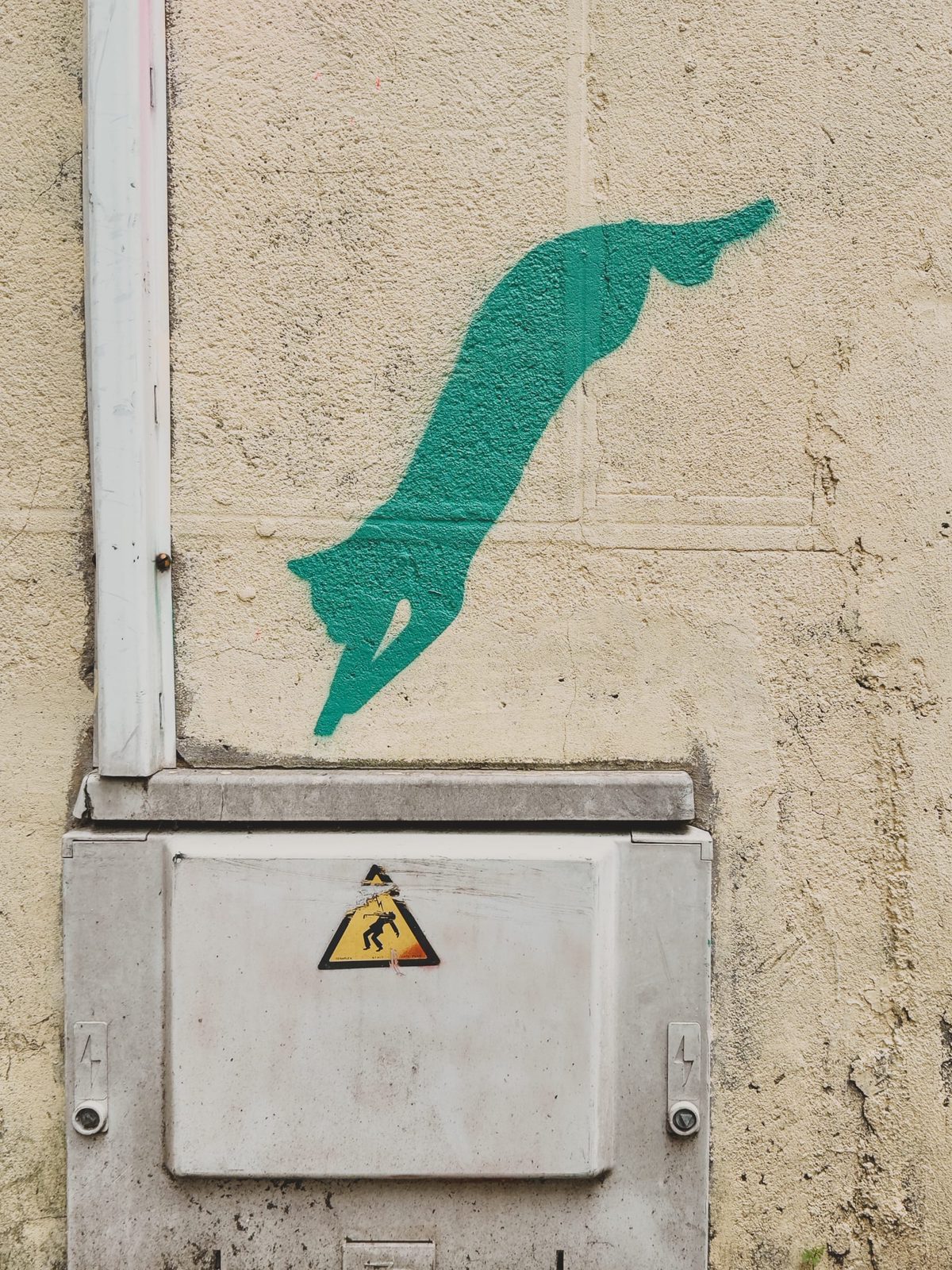 A mural of a green cat appearing to jump in an electrical junction box. Image Anthony Nelzin-Santos.